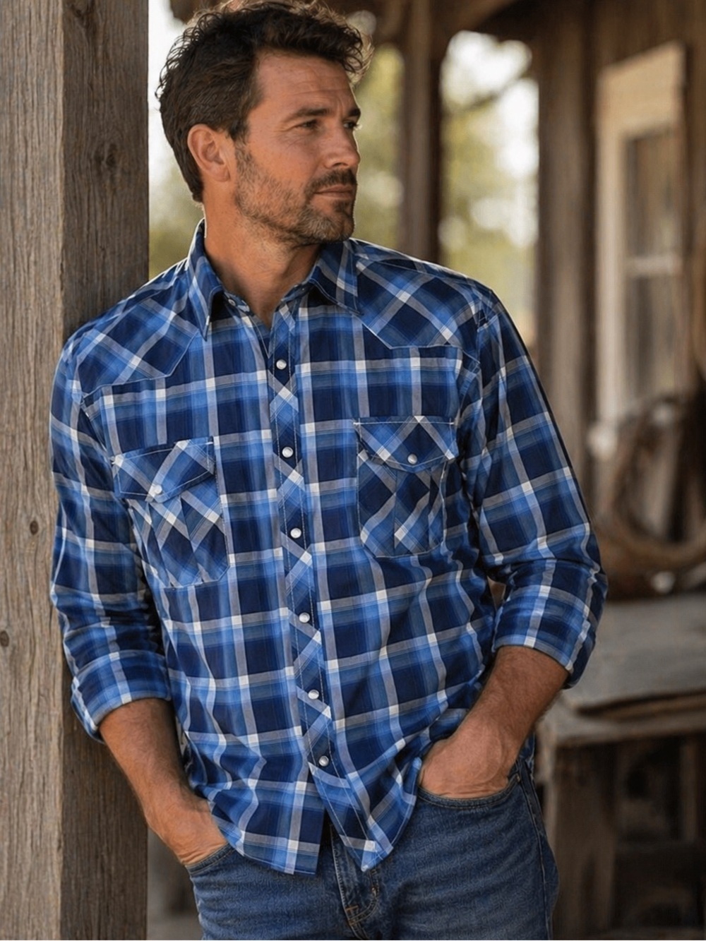 Coevals Club Mens Pearl Snap Shirt Sz XL Blue White Plaid Western Rodeo Cowboy